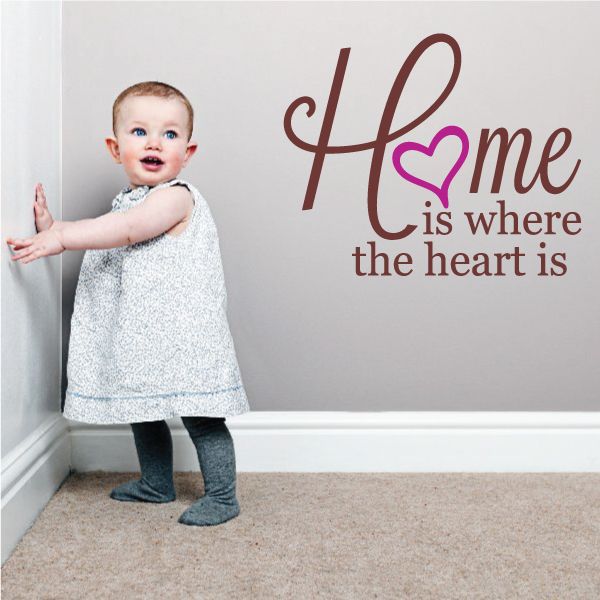 Home is where the heart is wall decal with purple heart and script lettering