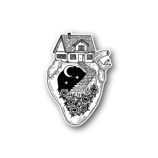 Vinyl heart sticker with monochrome house, stars, moon, and flowers