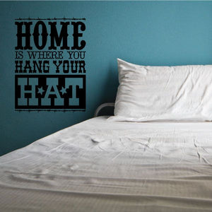 Vinyl wall quote decal: Home is where you hang your hat, dark lettering