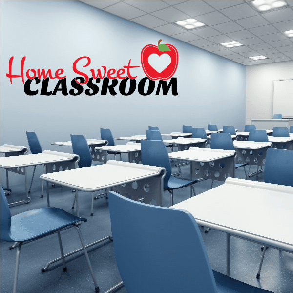 Classroom wall decal: red apple icon above heart, with "Home Sweet Classroom" text.