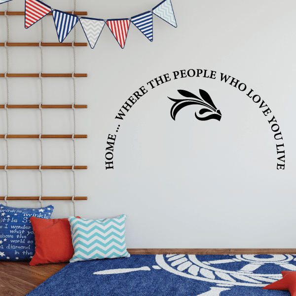 Wall decal with circular quote, bird silhouette, and striped bunting flags