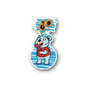 Honey bear vinyl sticker with cartoon honey bear holding heart, two honey pots