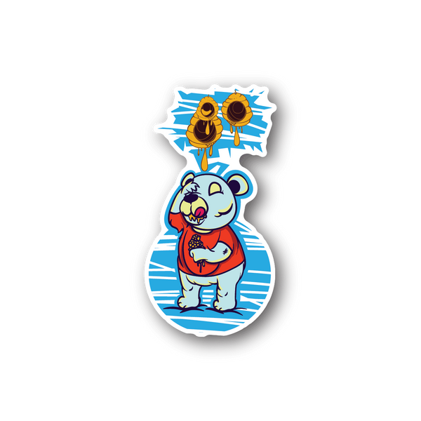 Honey bear vinyl sticker with cartoon honey bear holding heart, two honey pots