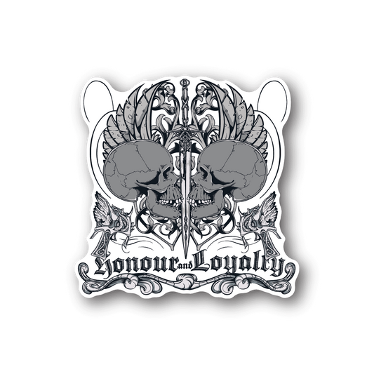 Skull vinyl sticker with Honor and Loyalty text and gothic skull emblem