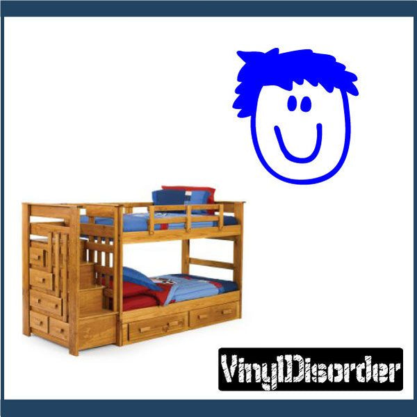 Blue cartoon face wall decal with decorative black text lettering