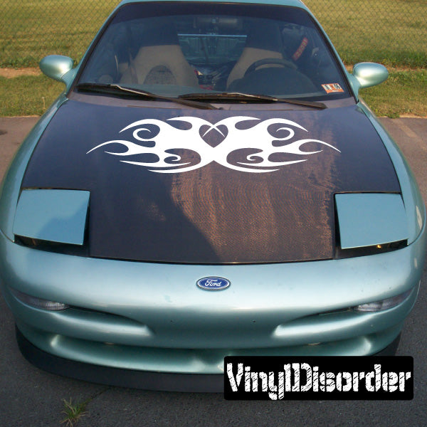 Car hood flame decal, white tribal flame swirl graphic across hood center.
