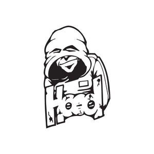 Graffiti decal of a hooded character with headphones, black outline and white fill