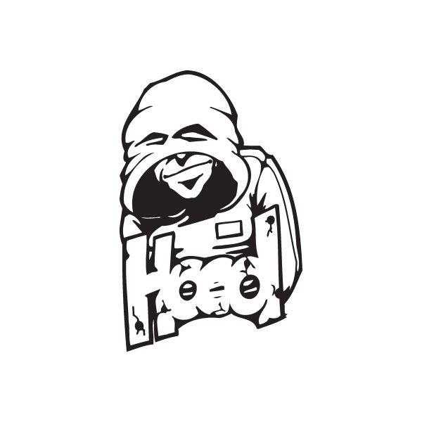 Graffiti decal of a hooded character with headphones, black outline and white fill