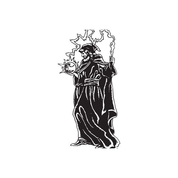 Hooded lightning wizard decal, black ink outline of spellcaster with wand and lightning bolt