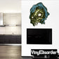 Hooded skull sticker with dark green hood and pale skull face, glossy black outline