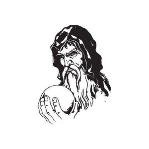 Hooded wizard decal with crystal ball in black and white