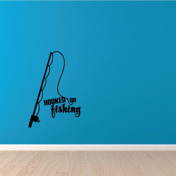 Fishing wall decal with hooked fishing rod silhouette and text "Hooked on fishing"
