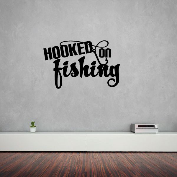 Hooked on Fishing wall decal with hook icon and stylized text