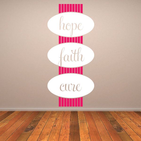 Breast cancer awareness decal with stacked 'hope', 'faith', 'cure' text and pink stripe accents
