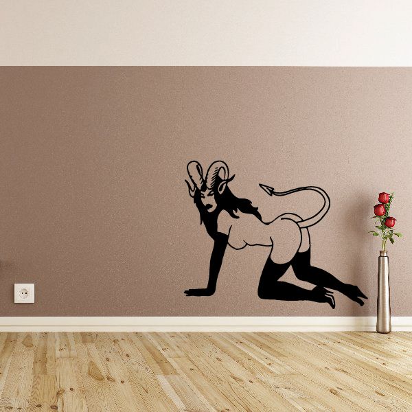 Horned crawling devil girl decal, black silhouette with curled tail and horns