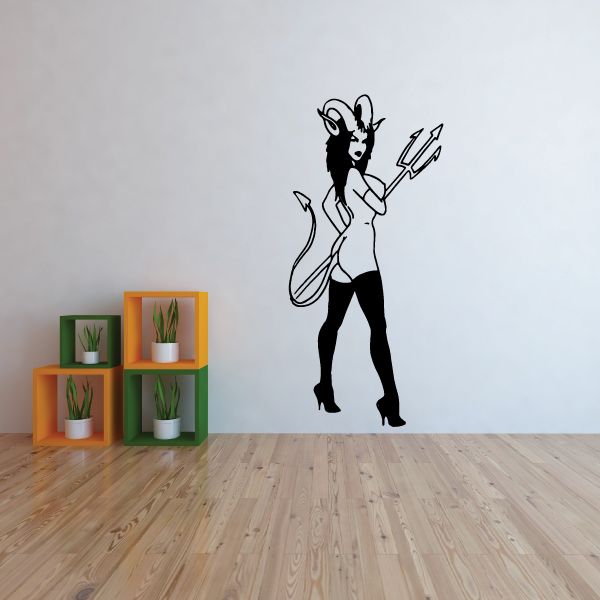Devil girl wall decal with horns and pitchfork, black silhouette
