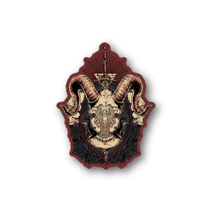 Horned devil shield vinyl sticker with skull face, horns, ornate dark illustration