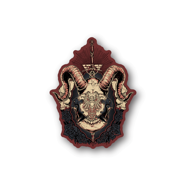 Horned devil shield vinyl sticker with skull face, horns, ornate dark illustration