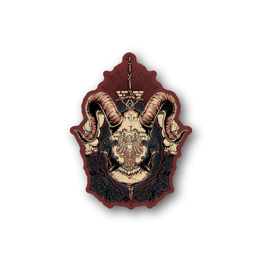 Horned devil shield vinyl sticker with skull face, horns, ornate dark illustration