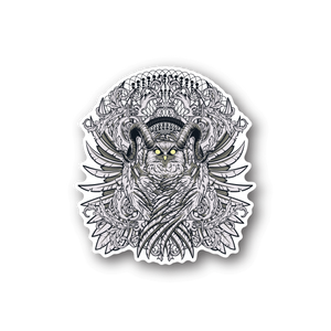 Horned owl vinyl sticker with ornate black-and-white feathers and yellow eyes.