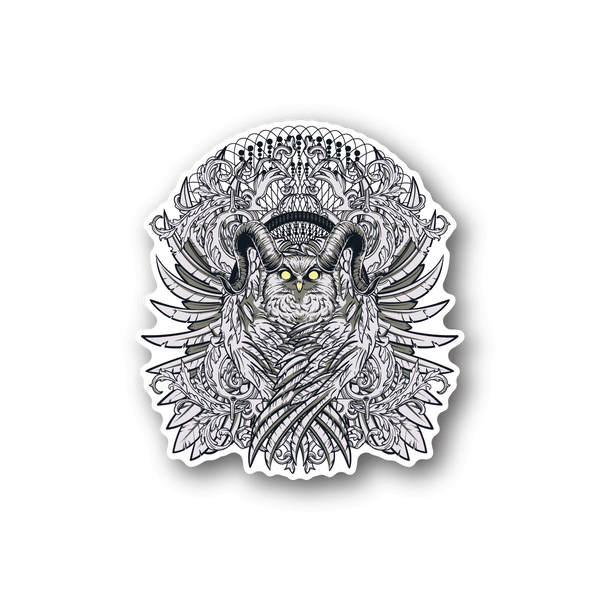 Horned owl vinyl sticker with ornate black-and-white feathers and yellow eyes.