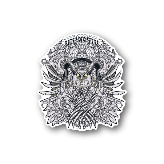 Horned owl vinyl sticker with ornate black-and-white feathers and yellow eyes.