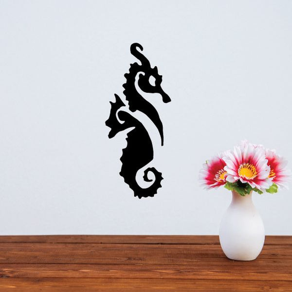 Horned seahorse decal in black, curled tail silhouette