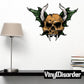 Horned skull with green wings sticker, brown skull, black horns, white horn tips