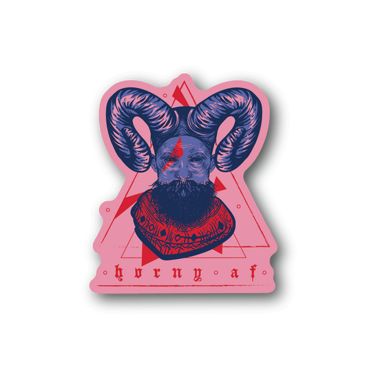 Devil face vinyl sticker with blue horns and red triangle graphic, pink outline