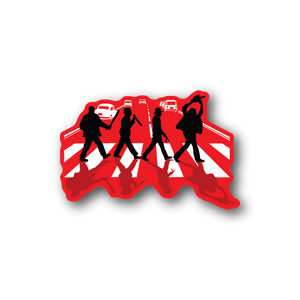 Horror vinyl sticker with red background and black silhouette walkers on Abbey Road