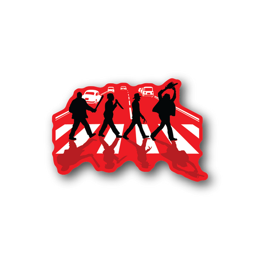 Horror vinyl sticker with red background and black silhouette walkers on Abbey Road