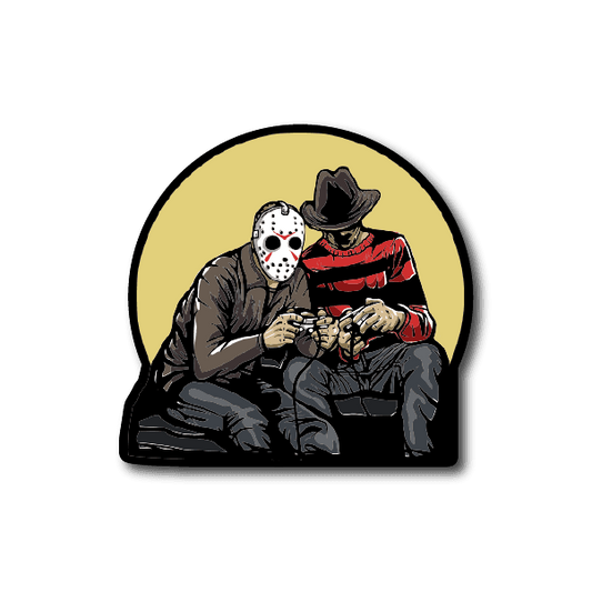 Vinyl sticker: circular design with two masked horror gamers holding controller.