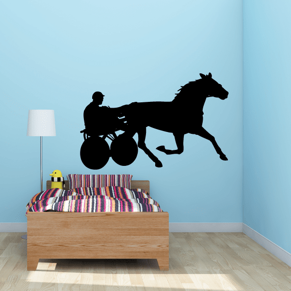 Horse carriage racing wall decal, black silhouette of rider, horse and wheels