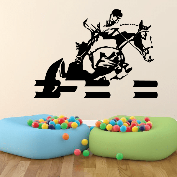 Horse jumping obstacles wall decal with black silhouette over striped bars