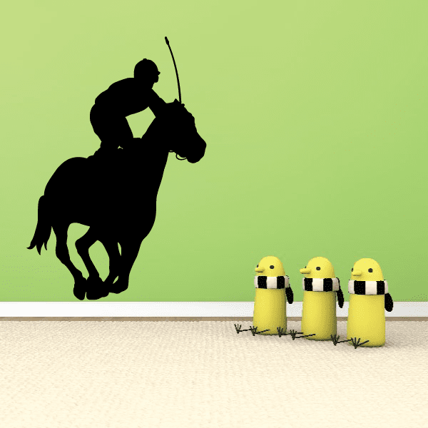 Horse racing wall decal of black jockey on horseback, vinyl silhouette