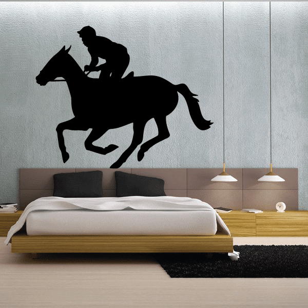 Horse racing wall decal, black jockey silhouette on galloping horse