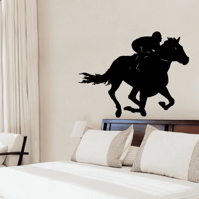 Horse racing wall decal with black horse and rider silhouette, vinyl style