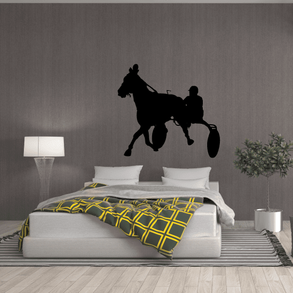Horse racing wall decal vinyl sticker with black silhouetted rider and horse.