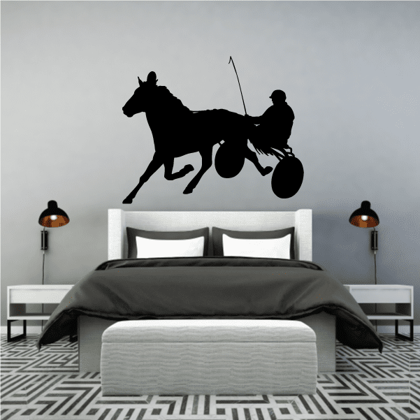 Horse racing wall decal in black silhouette, rider on a harness horse and wheel