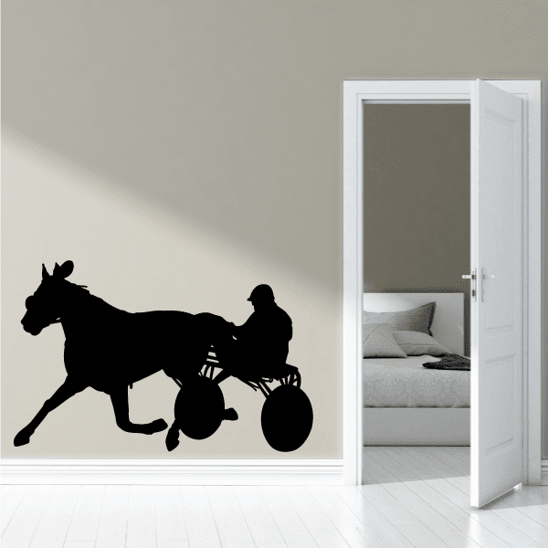 Black vinyl horse racing wall decal silhouette with rider and racing gear