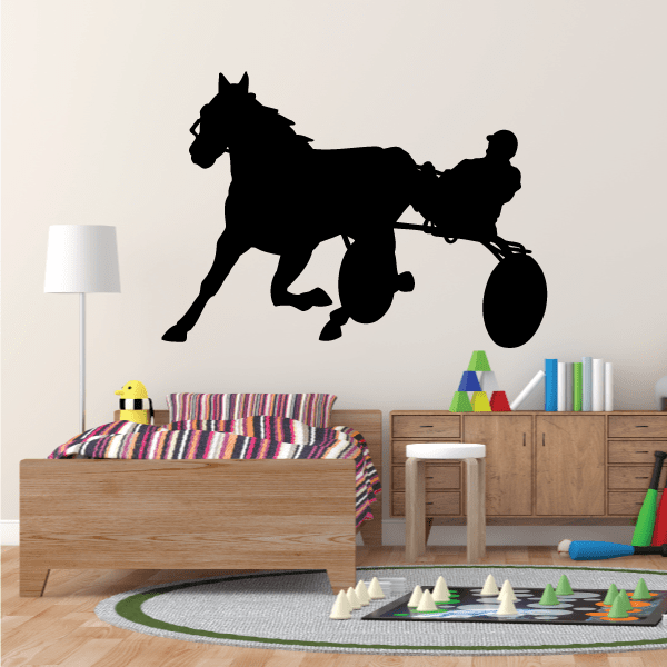 Black horse racing wall decal silhouette with rider on horse and harness
