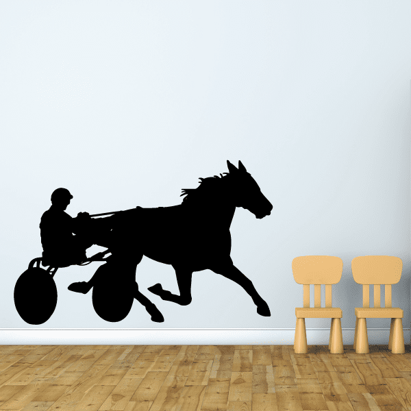 Horse racing wall vinyl decal of a jockey riding a dark horse with saddle bag