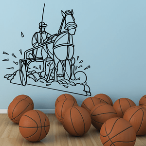 Horse racing wall decal, vinyl: black line art jockey riding horse with flag.