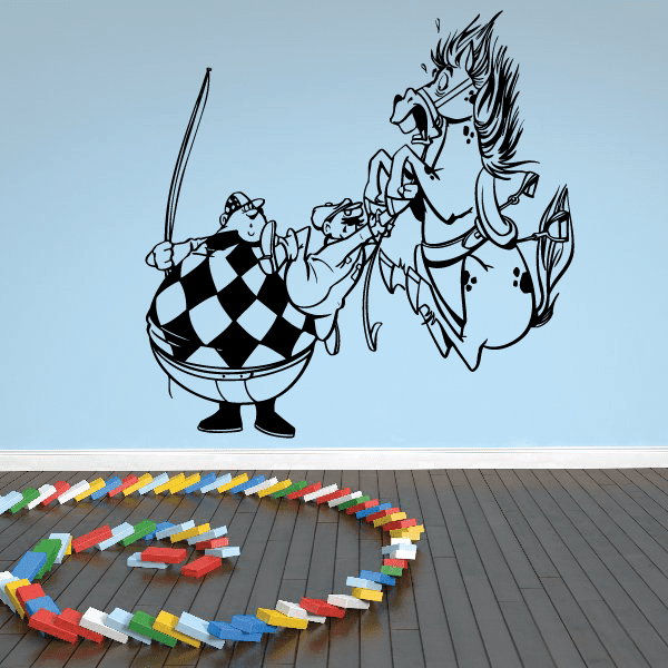 Horse racing wall decal with cartoon jockey on galloping horse and checkered rider holding trophy