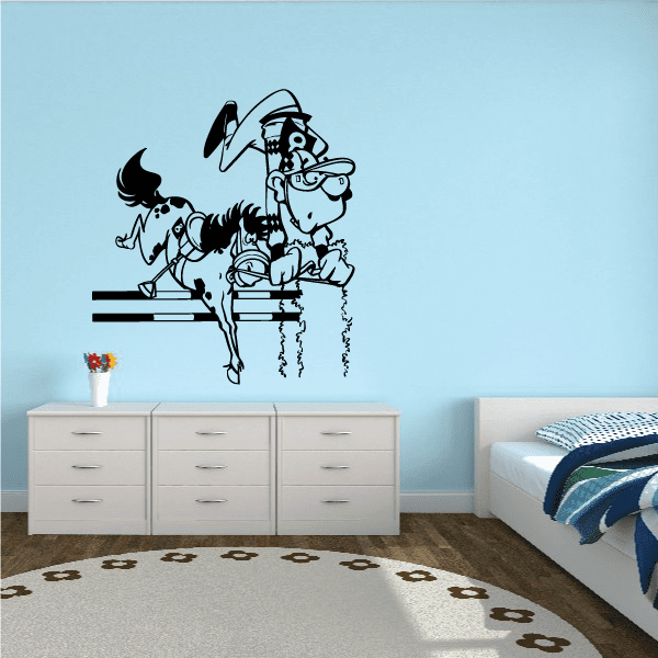 Horse racing vinyl wall decal with jockey on horse, black and white design