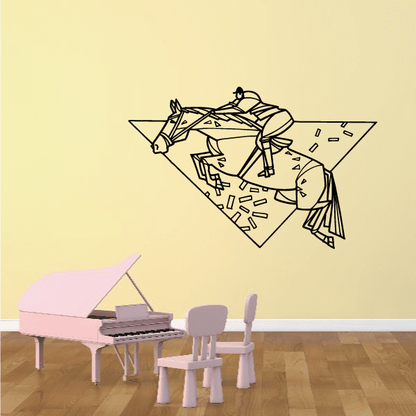 Horse racing wall decal: outline jockey and horse in triangular shape, vinyl style