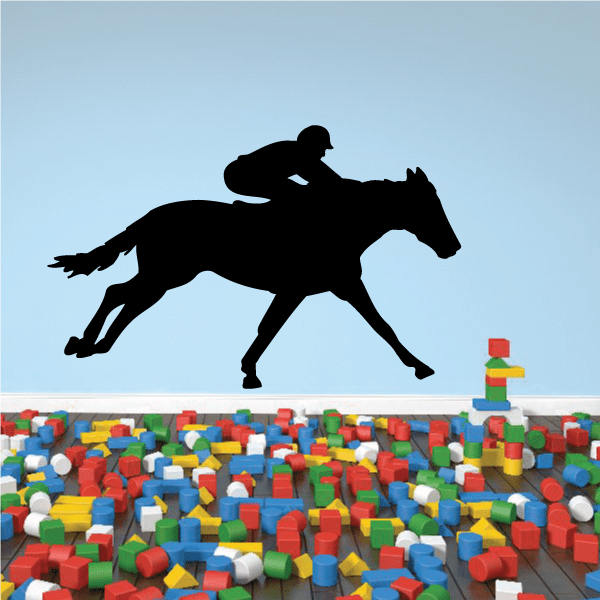 Horse racing vinyl wall decal: black rider on galloping horse silhouette