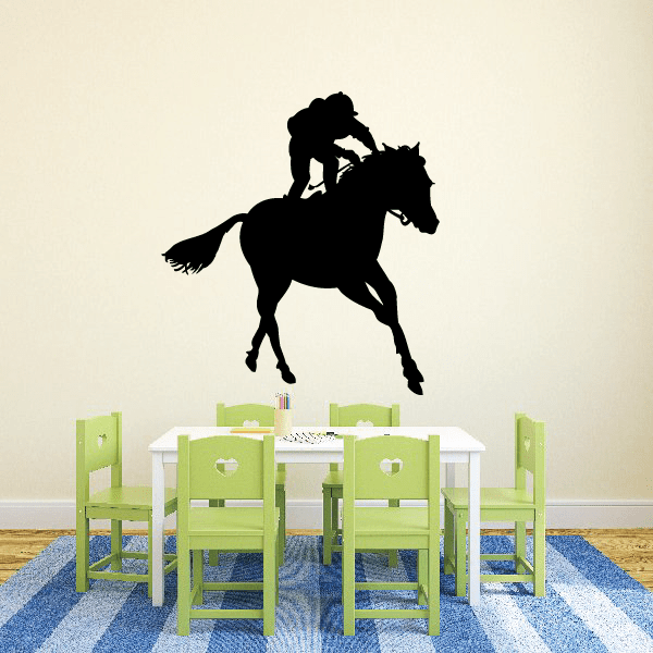 Horse racing wall decal vinyl: black silhouette of rider on a galloping horse