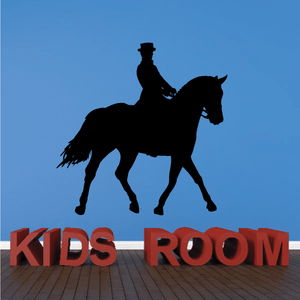 Horse racing wall decal with dark horse and rider silhouette, reads Kids Room