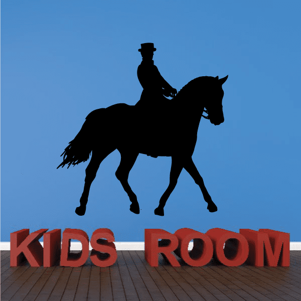 Horse racing wall decal with dark horse and rider silhouette, reads Kids Room